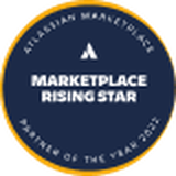atlassian-marketplace-rising-star | Spin.AI Circular award badge with a gold outer ring and a blue center that reads 'Marketplace Rising Star'.