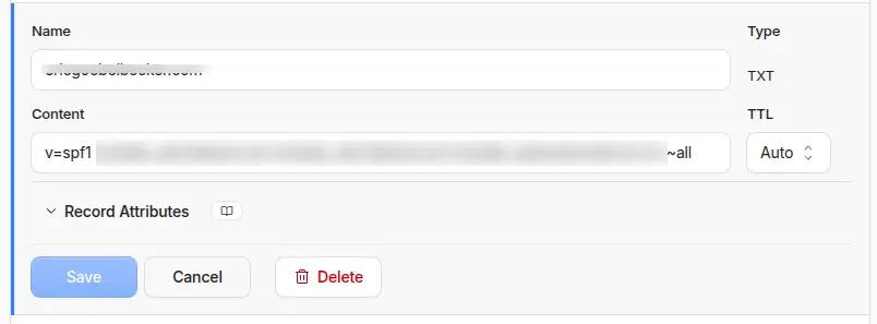 An example of an SPF record entry on Cloudflare | Spin.AI An example of an SPF record entry on Cloudflare