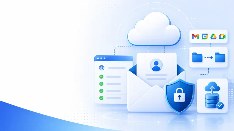 Blue-toned illustration of cloud storage and security: a large cloud, an envelope with a user icon, a shield with a padlock, a checklist, and icons for folders and databases, representing secure data transfer and cloud services.