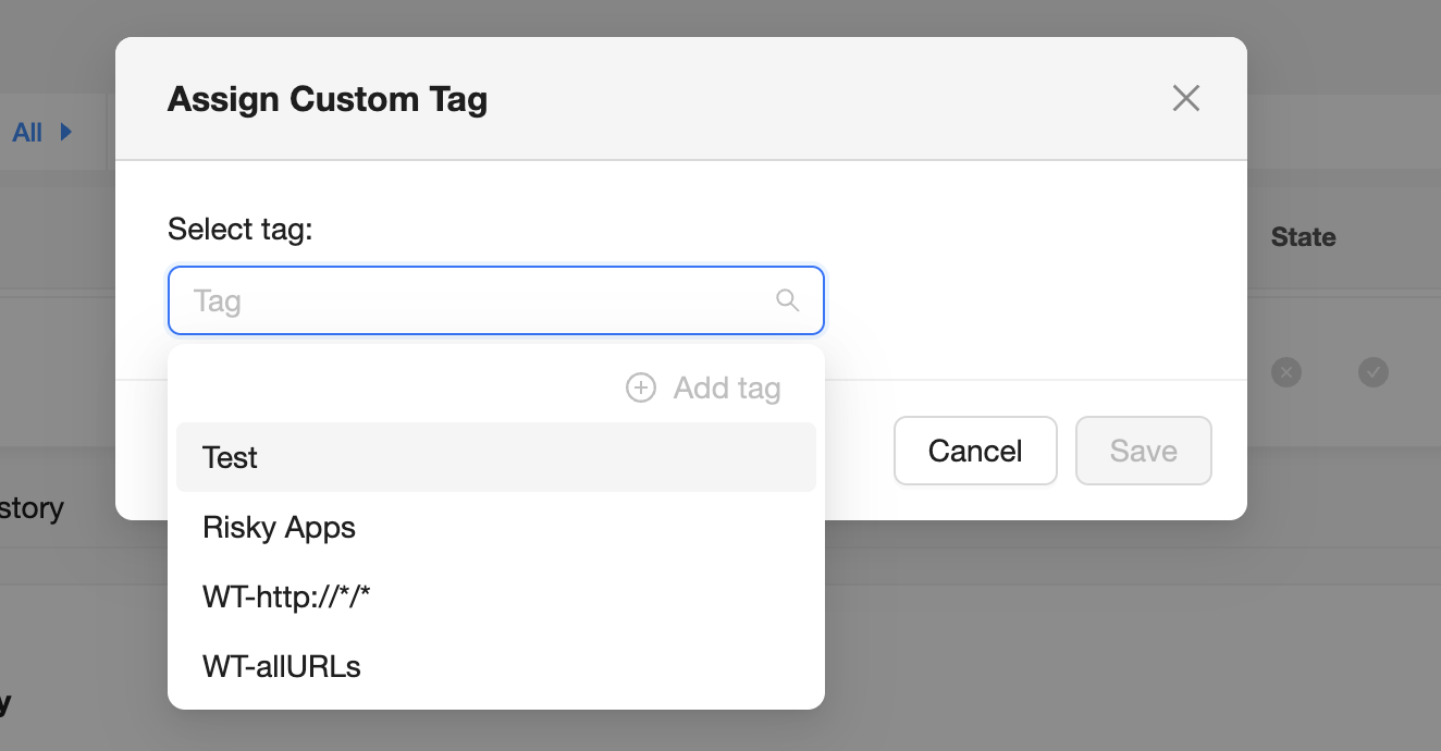 SpinSPM Custom Tags for Risk Assessment | Spin.AI SpinSPM Assign Custom Tag dialog for Risk Assessment application and extension management