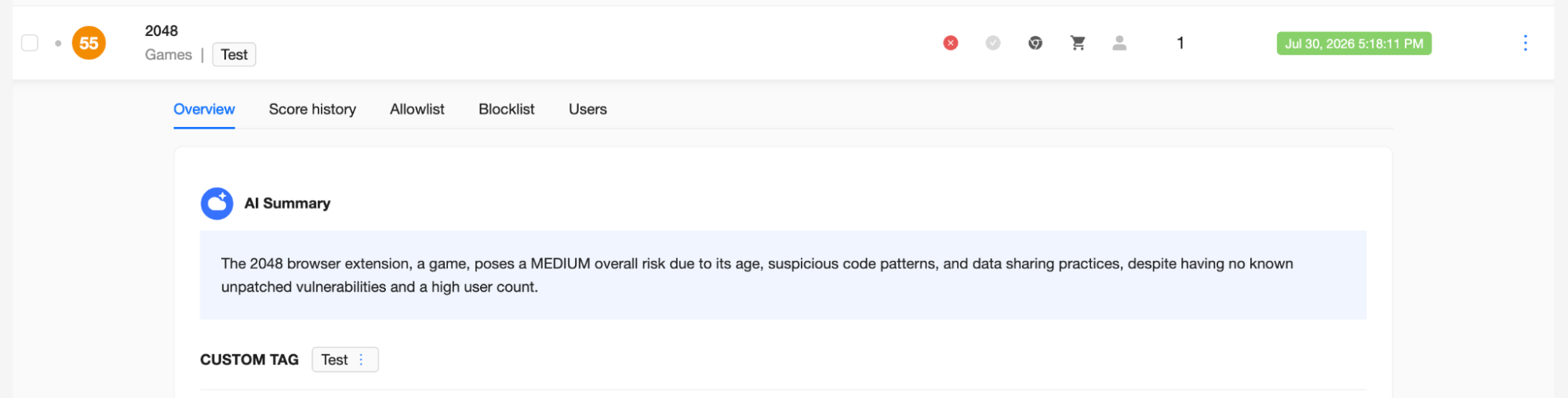 SpinSPM Developer Change Risk Assessment | Spin.AI SpinSPM Risk Assessment overview showing extension risk score, AI Summary, and custom tag