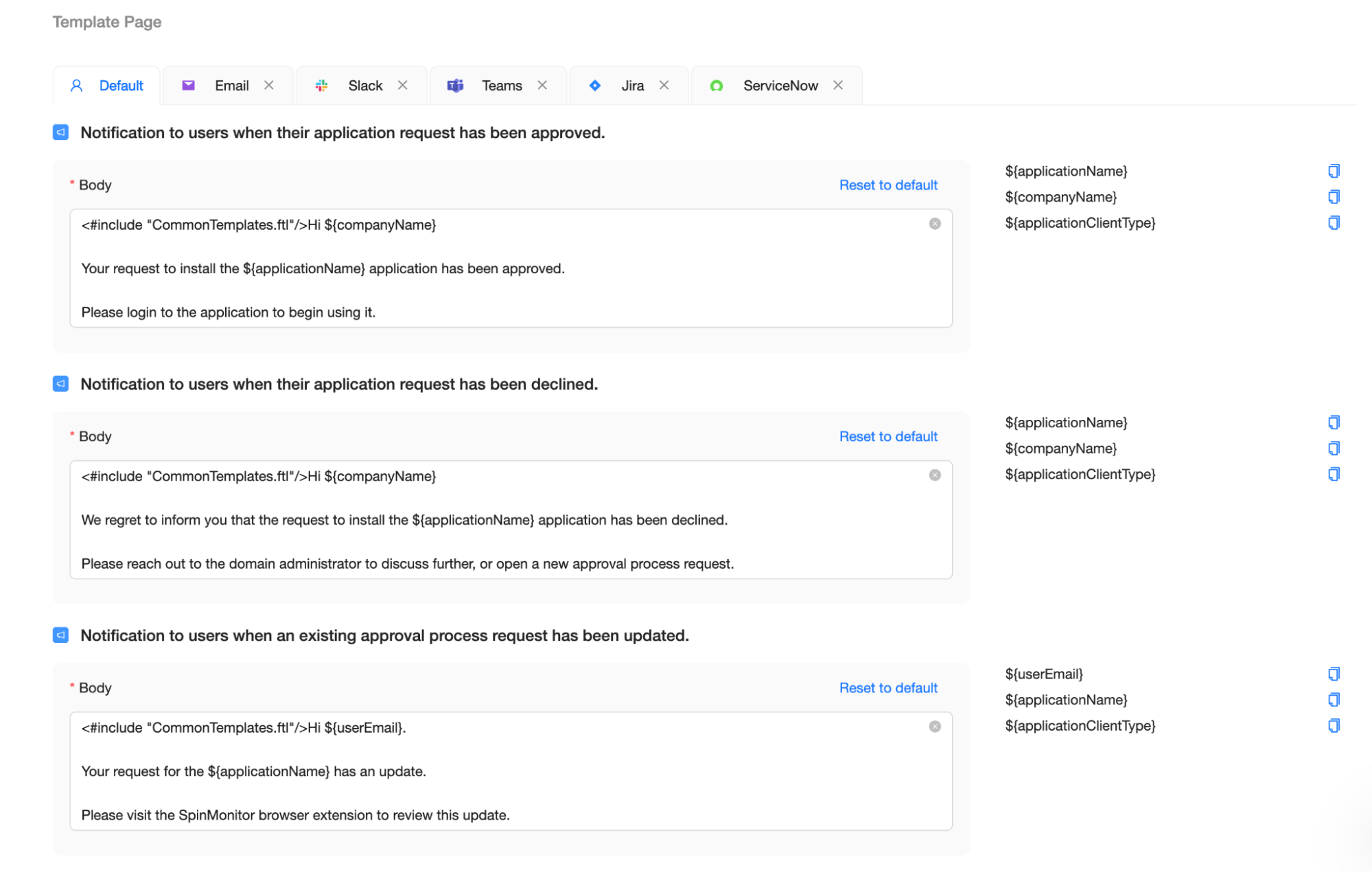 SpinCRX SpinProtect Notification Template Customization | Spin.AI SpinCRX SpinProtect editor for customizing application request notification templates