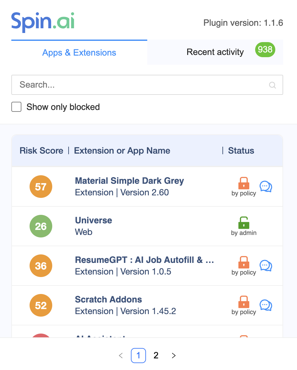 SpinCRX SpinProtect Plugin Risk Assessment | Spin.AI SpinProtect plugin interface showing risk scores and statuses for browser extensions and web applications