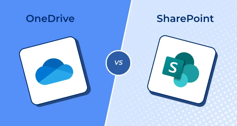 Split-screen banner comparing OneDrive (left) and SharePoint (right) with a central VS circle.