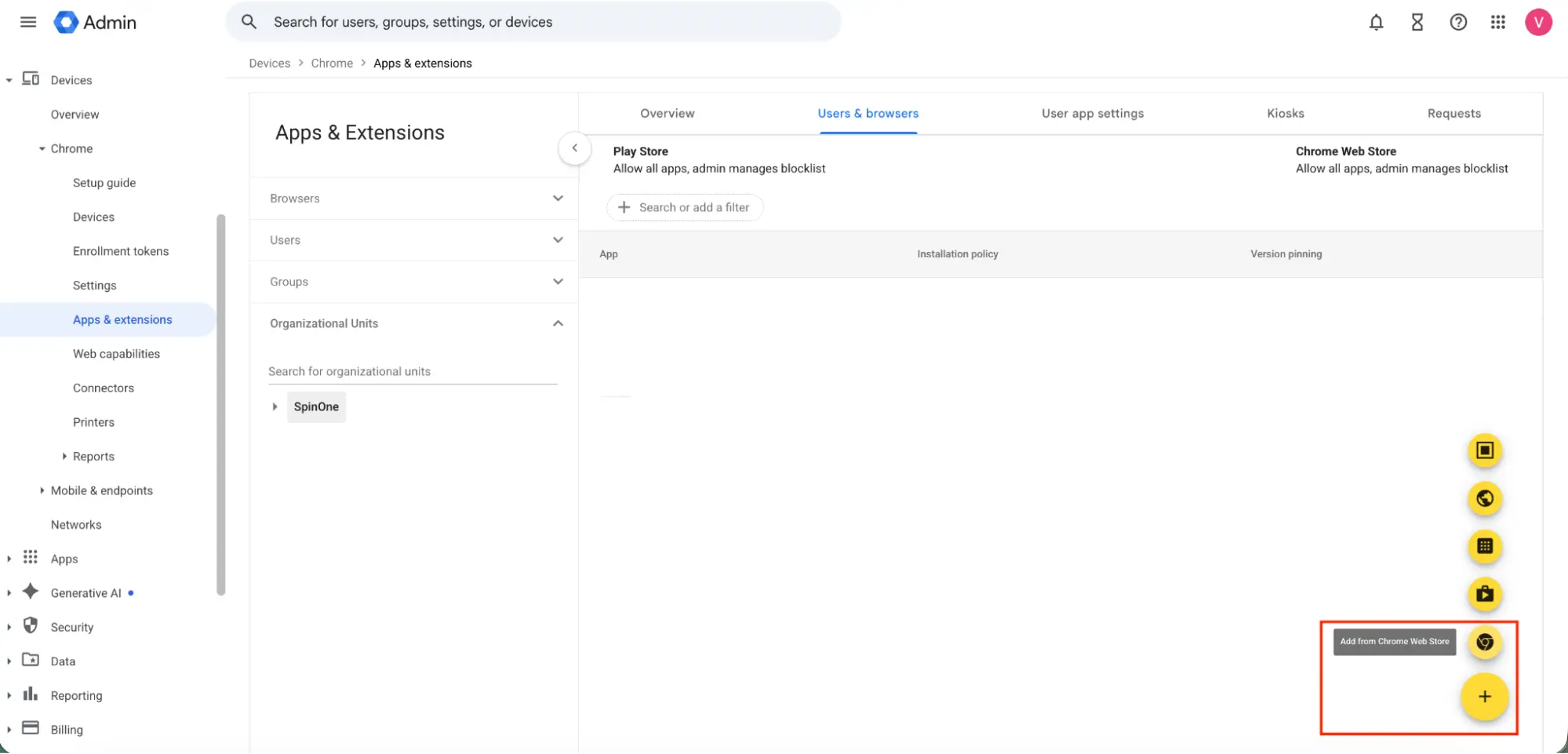 Google Admin Console navigation to Devices, Chrome, and Apps and extensions
