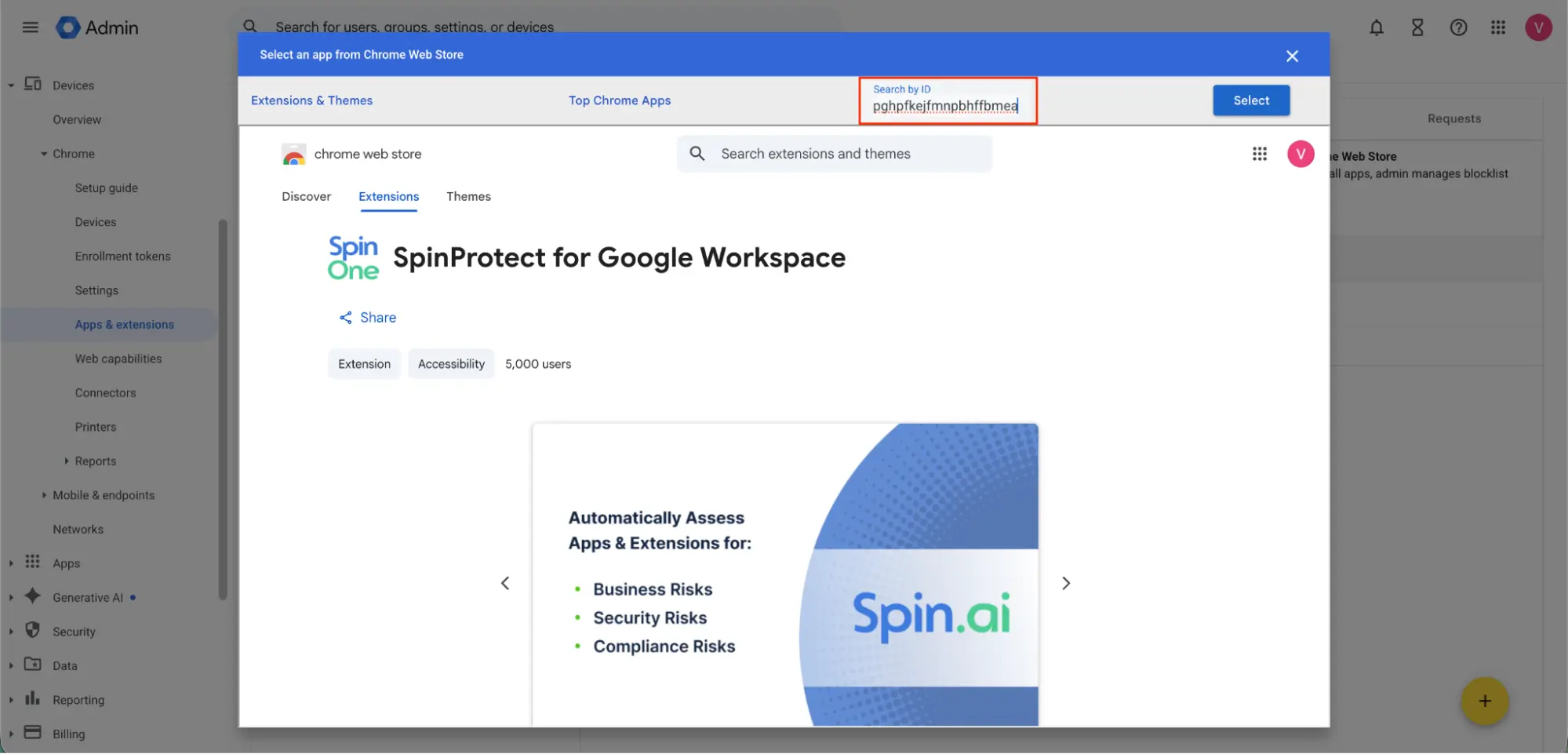 Setting the SpinProtect for Google Workspace Chrome extension installation policy to force install