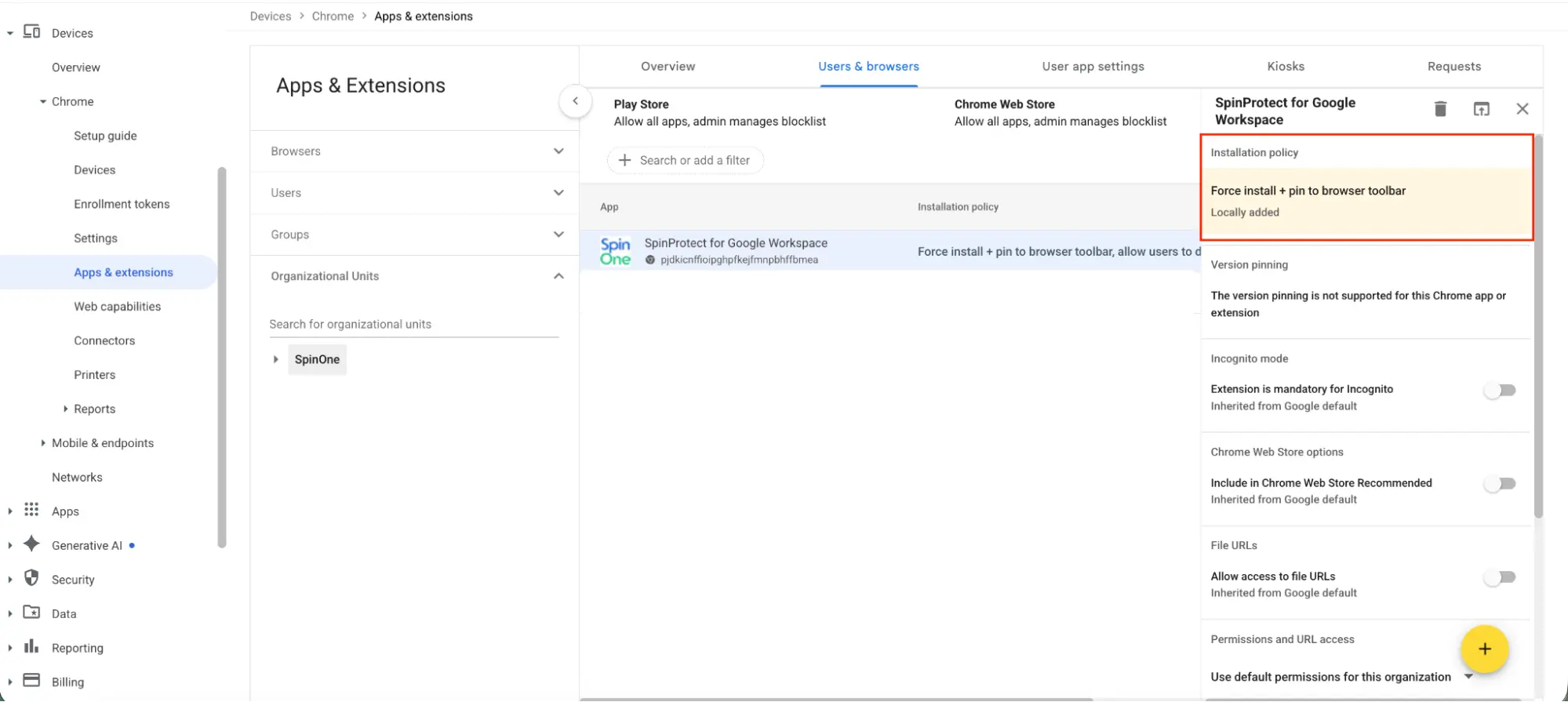 Users and browsers tab in the Google Admin Console Chrome Apps and Extensions settings