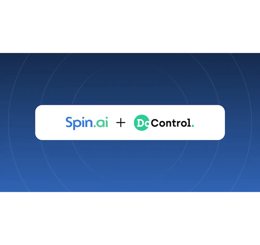 Partnership banner showing Spin.ai and DcControl logos with a plus sign on a white rounded rectangle over a blue gradient background.