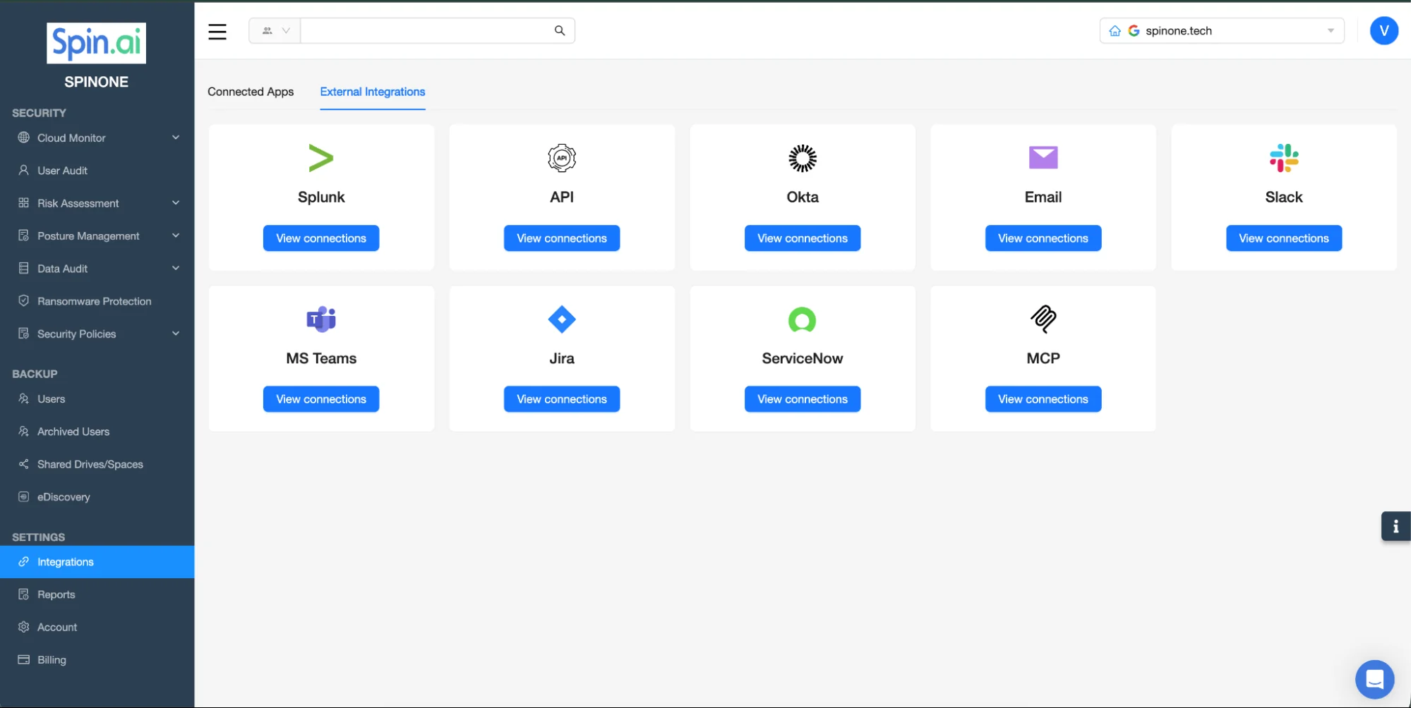 SpinOne External Integrations page showing the MCP widget with the View connections button
