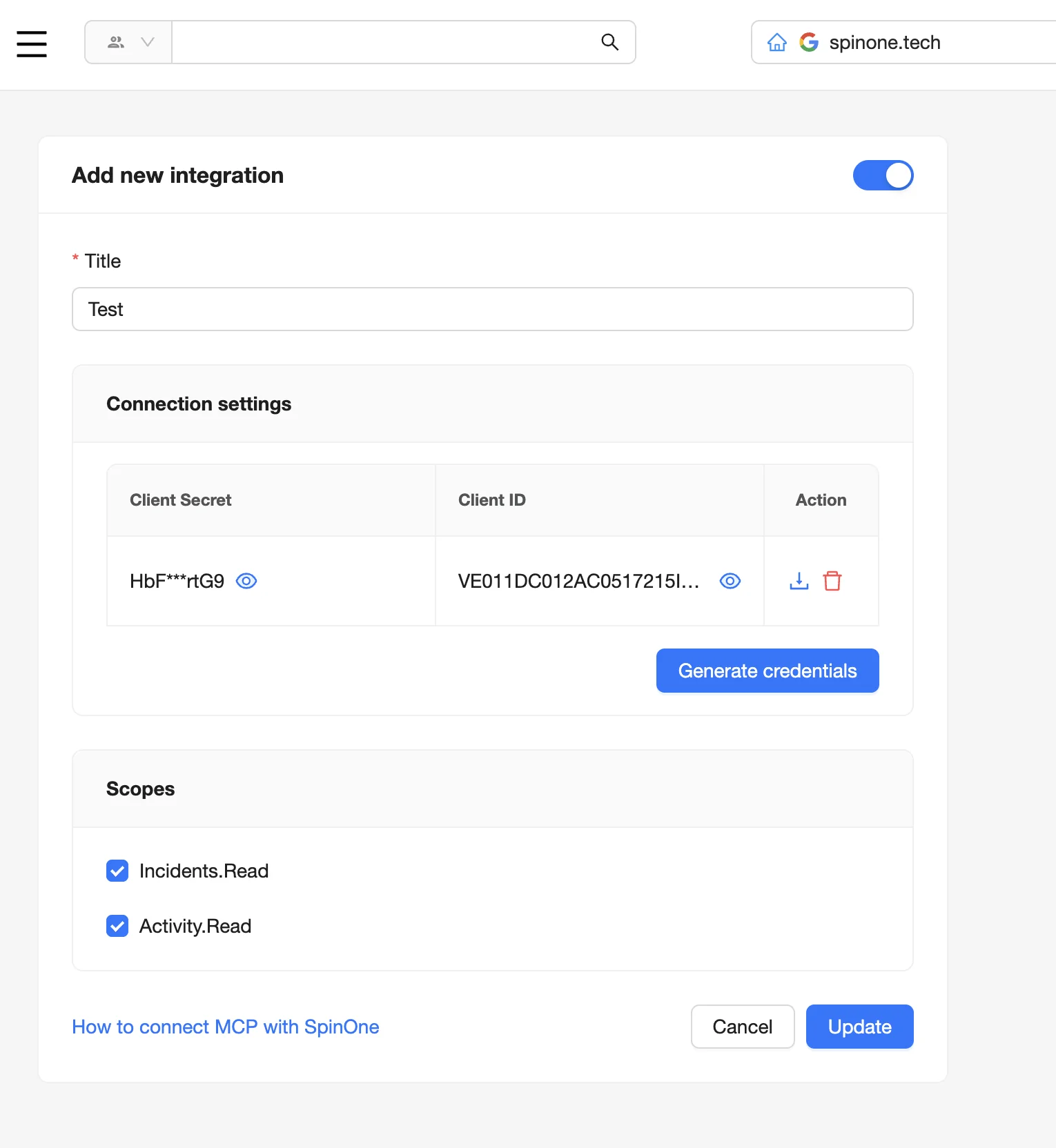 SpinOne Add new integration form with the Title field, generated Client Secret and Client ID, and the Incidents.Read and Activity.Read scopes selected