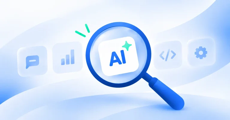 Magnifying glass highlighting an AI icon, suggesting AI-powered search tools.