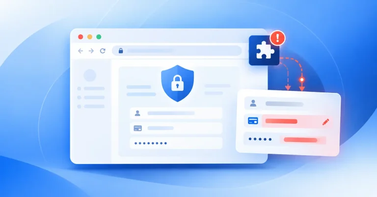 What Is a Man-in-the-Browser MitB Attack and How Do You Stop It_ | Spin.AI Illustration of a secure web dashboard with a blue shield and lock icon, and a security alert badge in the corner.