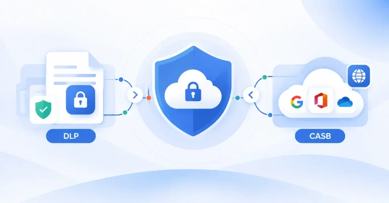 Whats the Difference and Do You Need Both | Spin.AI Center image of a blue shield with a cloud and lock, flanked by DLP (left) and CASB (right) security icons.