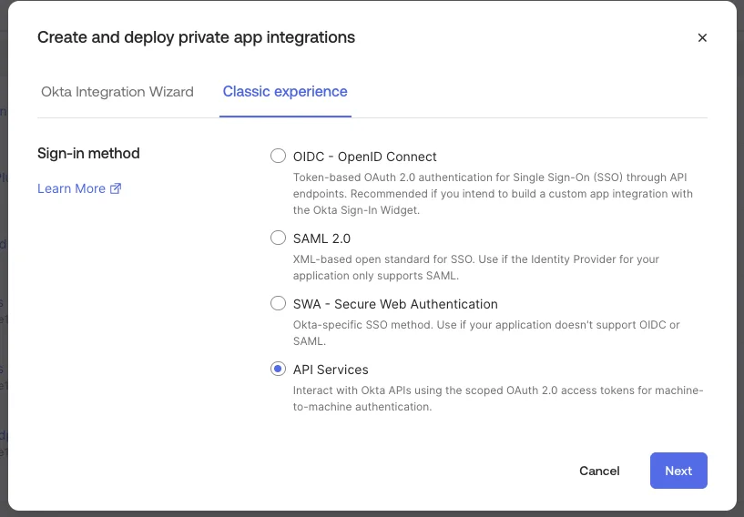 Okta Create App Integration dialog with the Classic experience tab open and API Services selected as the sign-in method