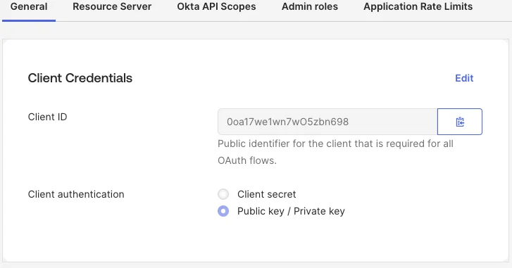Okta app General tab showing the Client ID and Client authentication set to Public key / Private key