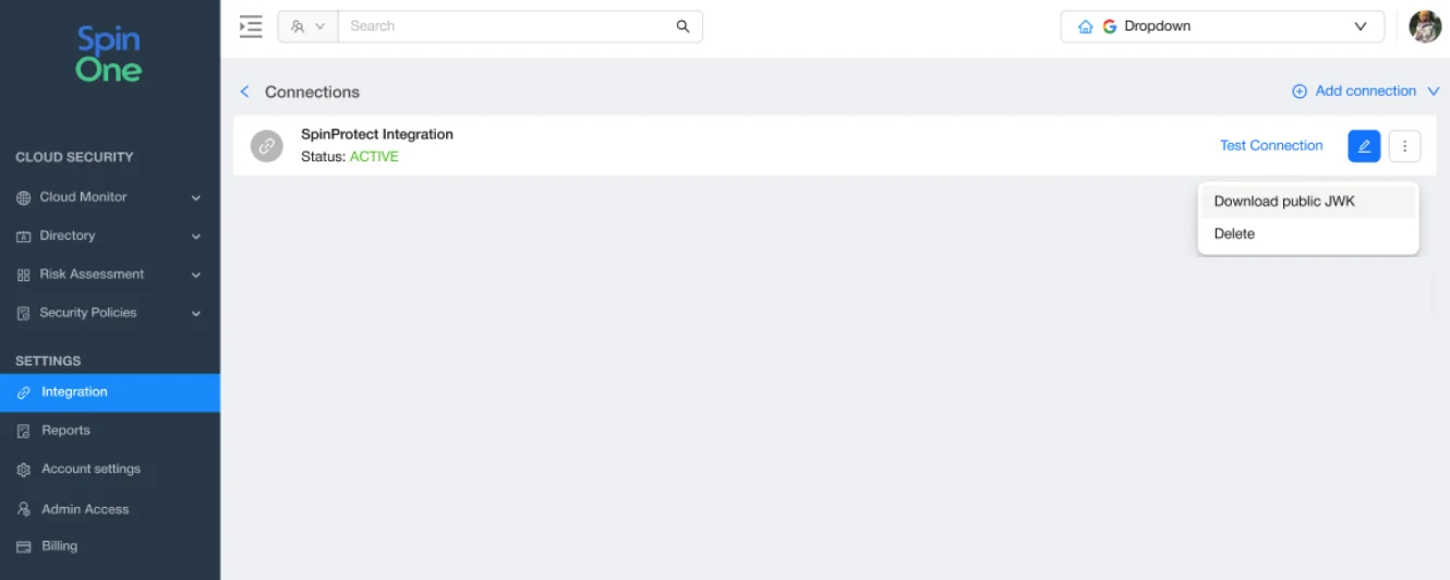 SpinOne Integrations Connections page with the Download public JWK option in the integration menu