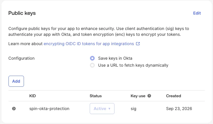 Okta Public keys section with Save keys in Okta selected and the SpinOne key active with key use sig