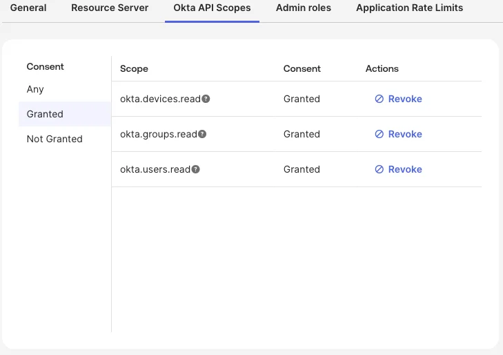 Okta API Scopes tab with okta.users.read, okta.groups.read and okta.devices.read scopes granted