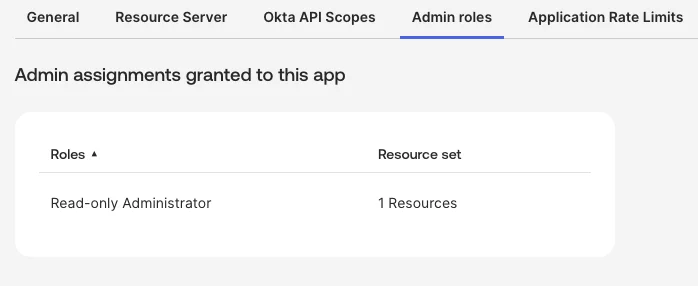 Okta Admin roles tab showing the Read-only Administrator role assigned to the SpinOne app