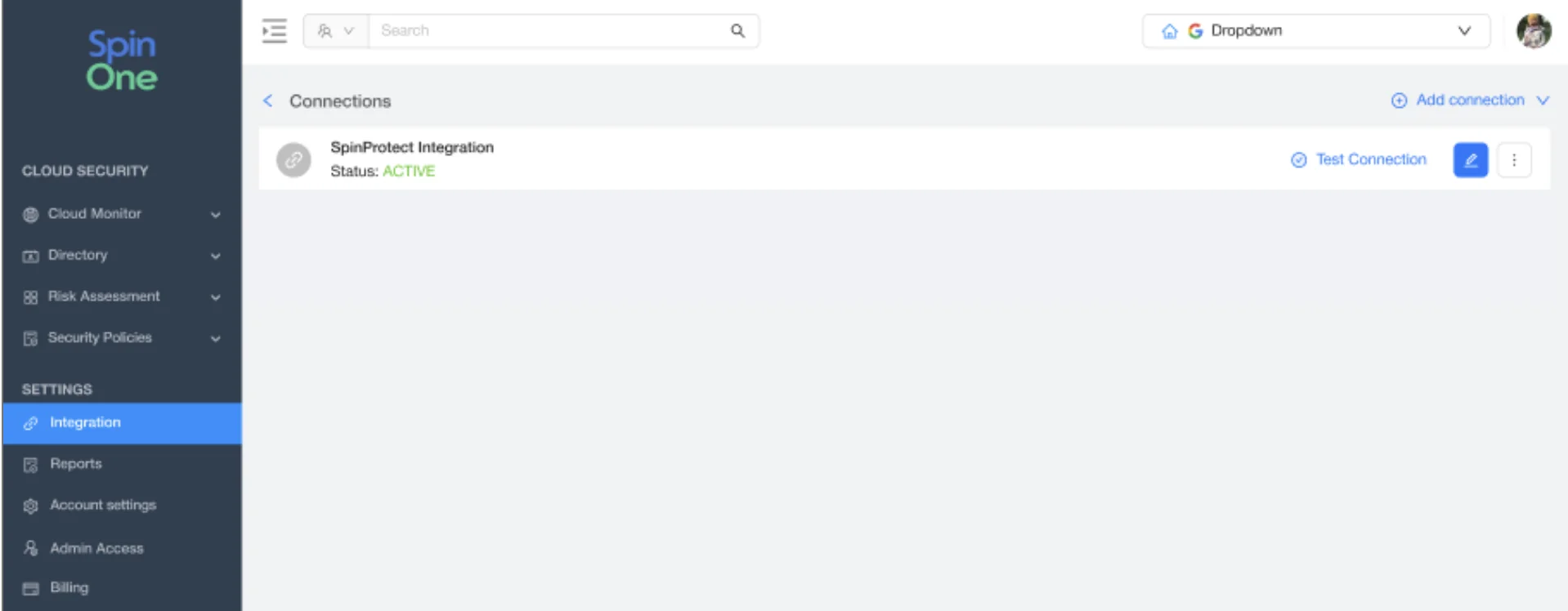 SpinOne Integrations Connections page showing the Okta Directory integration with Active status and Test Connection button