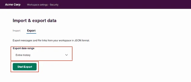 Slack Export Tab – Export Date Range and Start Export | Spin.AI Slack Import & export data page with the Export tab open, showing the Export date range dropdown and the Start Export button