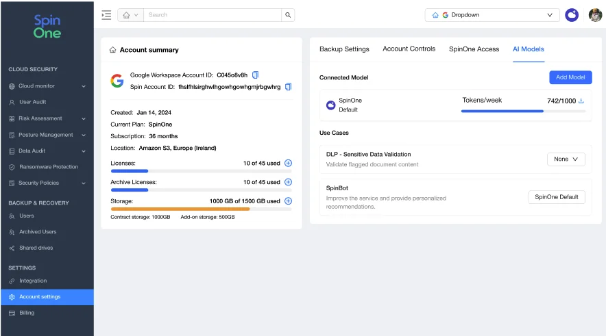 SpinOne Account Settings – AI Models Tab | Spin.AI SpinOne Account settings page with the AI Models tab open, showing the connected model, weekly token usage and the Add Model button