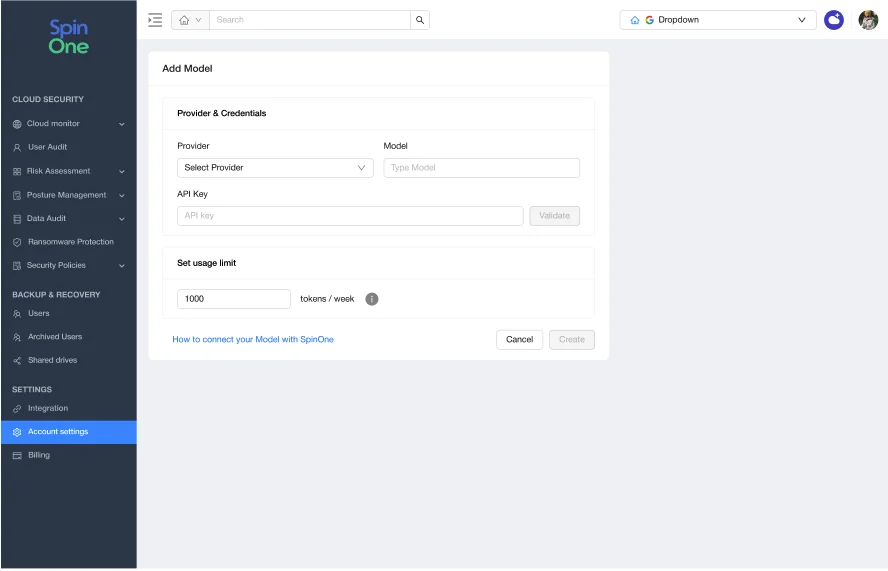 SpinOne Add Model – AI Provider, Model and API Key | Spin.AI SpinOne Add Model form with fields for AI provider, model, API key and a weekly token usage limit